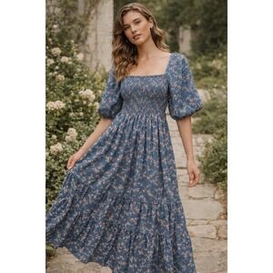 Elloh Blue Floral Smocked Maxi Dress Puff Sleeve Cottagecore Women's M